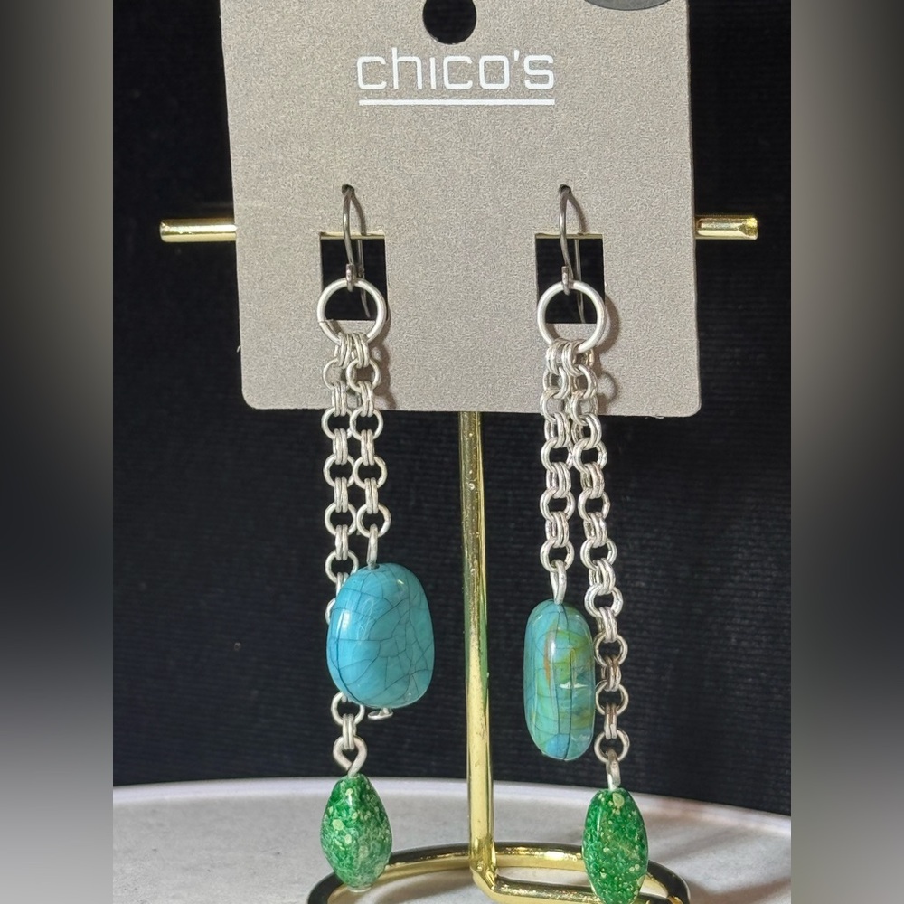 Chico’s Silver Tone Dangling Faux Aquamarine Earrings 3 inch approx